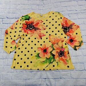 Jess & Jane Polka Dot Floret Top Women 2X Yellow Floral Rhinestone 3/4 Sleeve
